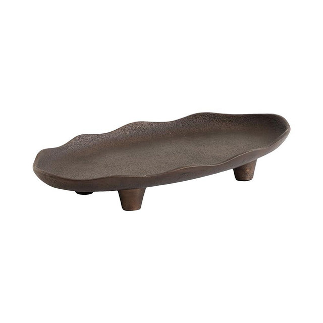 Kate and Laurel Alessia Modern Decorative Scalloped Oval Footed Metal Tray, 14 x 8, Bronze, Transitional Food-Safe Cast Aluminum Pedestal Tray with Rough Texture and Deckled Edge