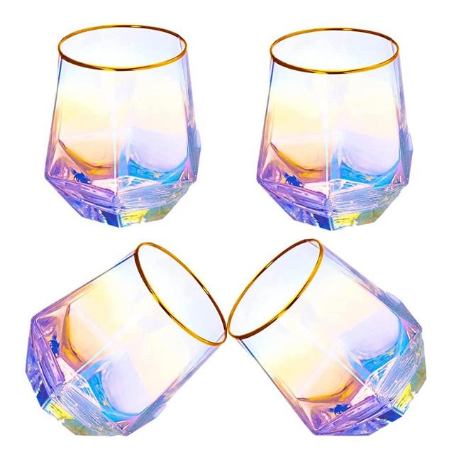 Diamond Whiskey Glasses,10 Ounce Stemless Wine Glass,Rainbow Rocks Glasses with Gold Banded,Iridescent Cocktail Glass,Old Fashion Glass for Father's Day Gifts and Christmas Gift (4pcs)