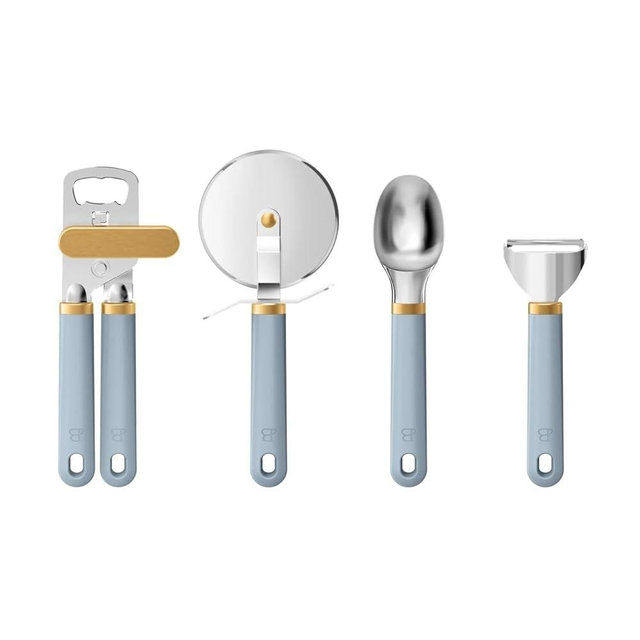 Beautiful 4-Piece Kitchen Gadget Set – Ice Cream Scoop, Pizza Cutter, Peeler & Can Opener, Non-Slip Grip, BPA-Free, Dishwasher Safe, Gold Accents (Cornflower Blue)