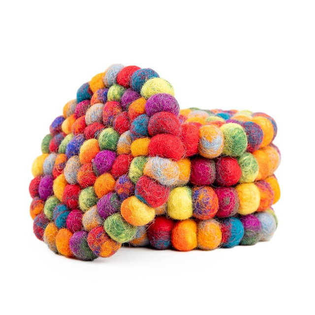 Round Felt Ball Coasters - Wool Table Coasters - Felt Coaster Pads, Absorbent Trivet for Drinks - Heat Resistant, Thick & Durable Hand Felted in Nepal by Woolygon- Multi-Color - Set of 5