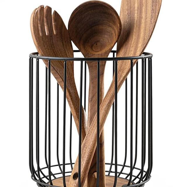 getstar Kitchen Utensil Holder, Large Wire Utensil Holder for Kitchen Counter (W6.2” x H7.5”) with Acacia Base