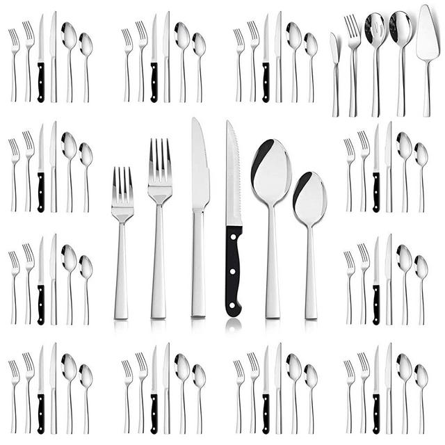 77-Piece Silverware Set, HaWare Solid Stainless Steel Modern Elegant Flatware Utensils, Includes 60-piece Cutlery Set, 5-piece Serving Set, 12-piece Steak Knives, Mirror Polished & Dishwasher Safe