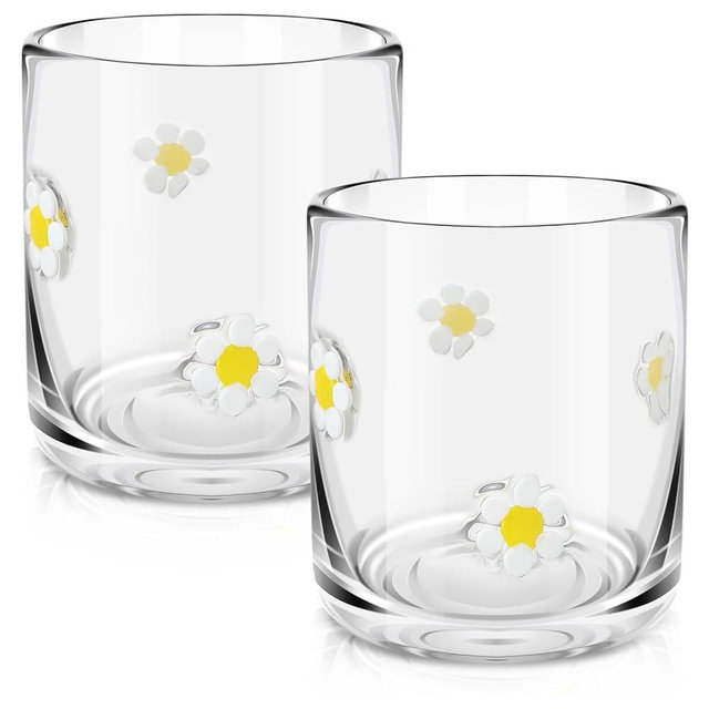 SiliFine 2 Pcs Flower Icon Juice Glasses - 14oz White Floral Stemless Wine Drinking Coffee Glass Cup for Home Party Supplies & Gift