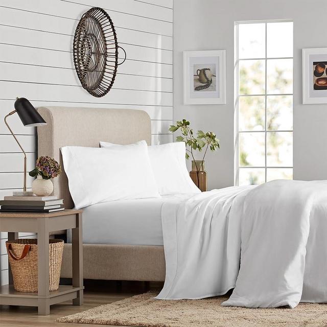 Color Sense Queen Size All Season White Jersey Sheet Set, 4Pc Knitted Bedding Set, Deep Pocket Sheets for Queen Bed, Wrinkle Resistant Easy Care Bed Sheets