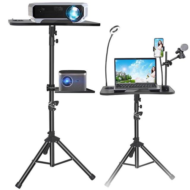 5 in 1 Laptop Tripod Stand, Projector Tripod 33" to 50" Height Adjustable, DJ Racks with Gooseneck Phone Holder & Mic Stand & Fill Light & Mouse Tray, Perfect Tripod for Office, Home, Studio, Stage