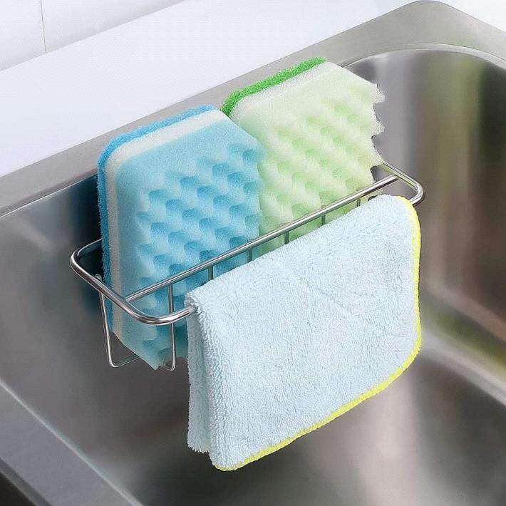 Adhesive Sponge Holder + Dish Cloth Hanger, 2-in-1 Sink Caddy, SUS304 Stainless Steel Rust Proof Water Proof, No Drilling
