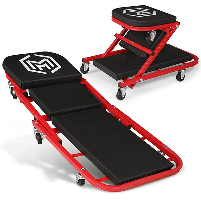 Magshion 40" Triplex Folding Creeper and Rolling Seat 2-in-1 330 lbs Capacity Foldable Mechanic Creeper Garage Stool Lay Down or Sit (Red)