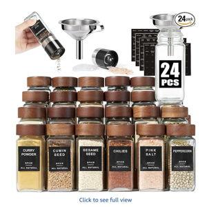 Yangbaga 24Pcs Glass Spice Jars with Labels-4OZ Wood Lid Square Spice Containers with Pepper Grinder Lids &Funnel,Seasoning Jars for Rack Cabinet Drawer