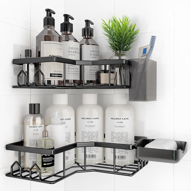 QHMCHLDZ Adhesive Shower Caddy, 4 Pack Corner Bath Organizer, Rustproof Stainless Steel Shower Shelves with Large Capacity, No Drilling Shelves for Bathroom Storage, Home, Kitchen Décor