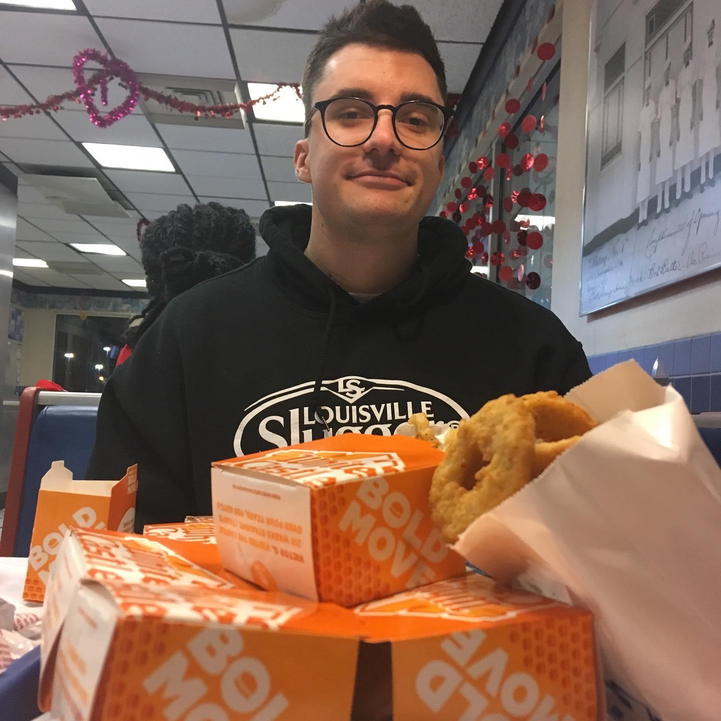 Kevin enjoying our traditional Valentines Day White Castle.