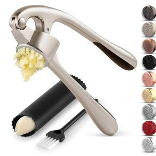 Zulay Kitchen Premium Garlic Press Set - Rust Proof & Dishwasher Safe Professional Garlic Mincer Tool - Easy-Squeeze, Easy-Clean with Soft, Ergonomic Handle - Silicone Garlic Peeler & Brush (Silver)