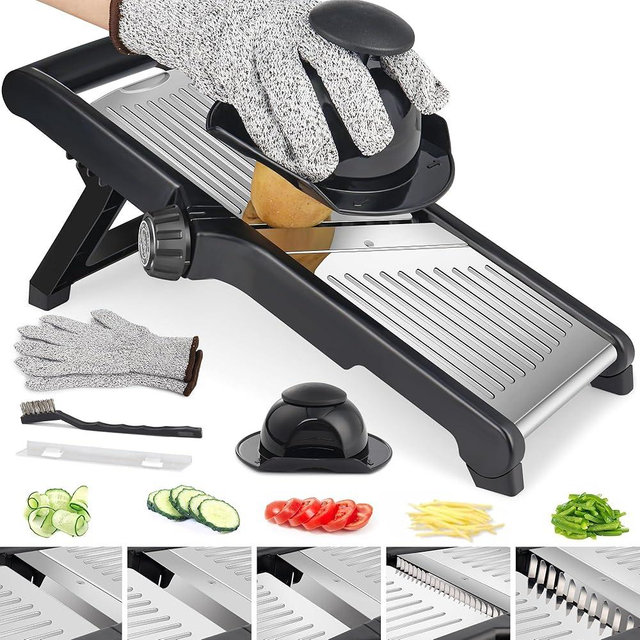 Mandoline Slicer for Kitchen, Adjustable Vegetable Slicer, Stainless Steel veggie chopper, Mandolin, Tomato Slicer, Fruit and Onion Cutter INCLUDING Cut-Resistant Gloves