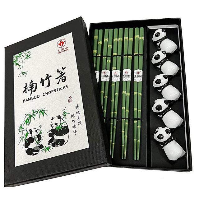 LANHUTHS Wooden Chopsticks Reusable 5 Pairs Gift Set with 5pcs porcelain rest Panda and Green Bamboo Design Hand-Made 8.8 Inch/22.5cm