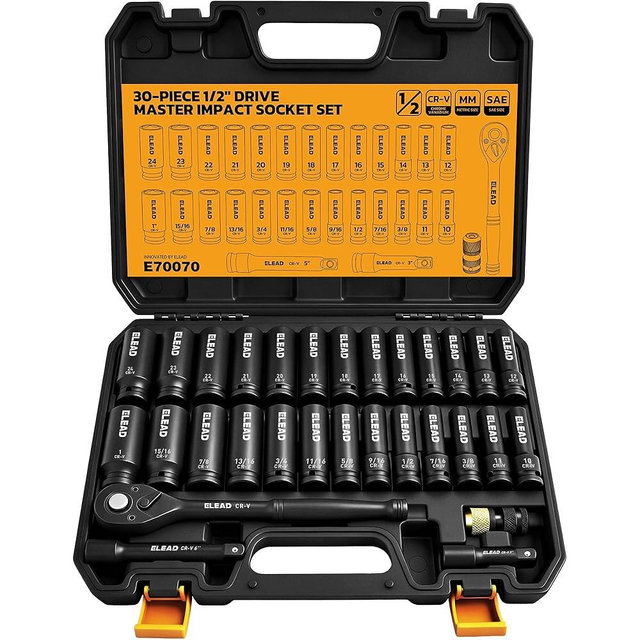 ELEAD 1/2" Drive Deep Impact Socket Set: 30-Piece Standard SAE (3/8 to 1 Inch) and Metric (10-24mm) Size, 3" and 5" Drive Extension Bar, Ratchet Handle, Bit Adapter, CR-V Steel for Auto Repair