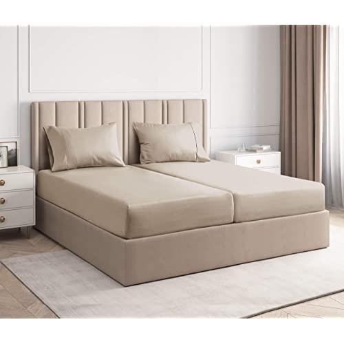 100% Split King Size Sheets Cotton Cream (4pc) Silky Smooth, Cooling 400 Thread Count Long Staple Combed Cotton Split King Sheet Set – 400TC High Thread Count Split King Sheets - Split King Bed Sheet