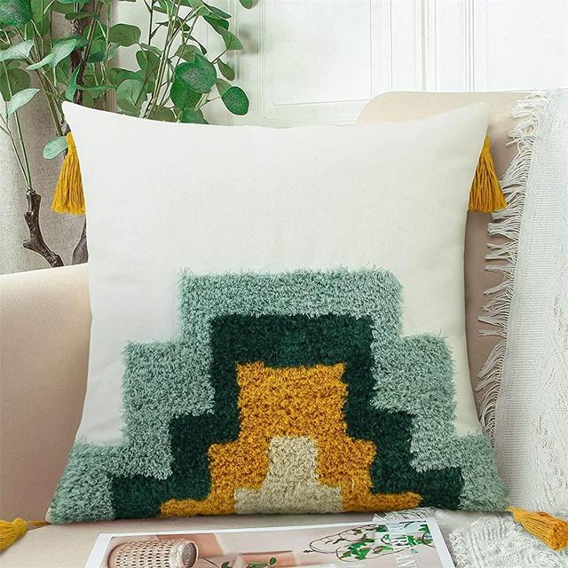 Adabana Decorative Boho Throw Pillow Covers 18x18, Colorful Throw Pillow Covers Cotton Geometric Pillows Cover Cases with Tassels for Couch Yellow and Green