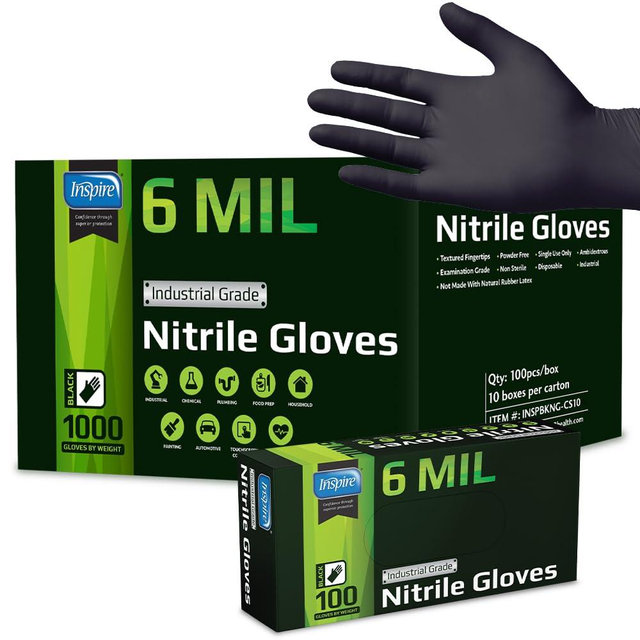 Inspire Black Nitrile Gloves | HEAVY DUTY 6 Mil Nitrile THE ORIGINAL Nitrile Medical Food Cleaning Disposable Gloves