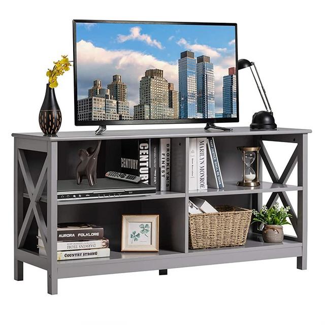 Tangkula Farmhouse Wooden Universal TV Stand for TVs up to 55 Inches Flat Screen, Rustic Entertainment Center with Open Storage Shelves for Living Room Bedroom, TV Console Table (Grey)