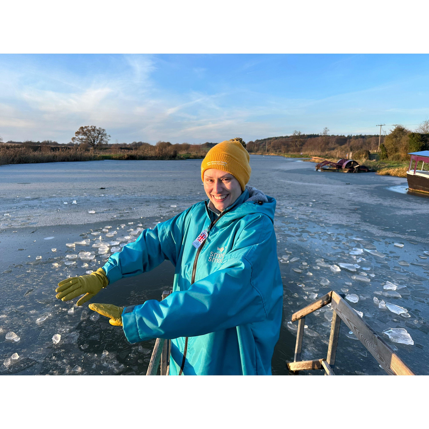 Breaking the ice before swimming in that canal.