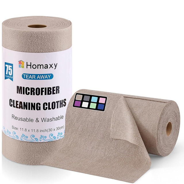 Homaxy Tear Away Dish Cloths Rolls, 75 Sheets-11.8" X 11.8", Reusable Washable Dish Towels for Kitchen, Ultra Absorbent and Quick Drying Microfiber Cleaning Rags, Khaki