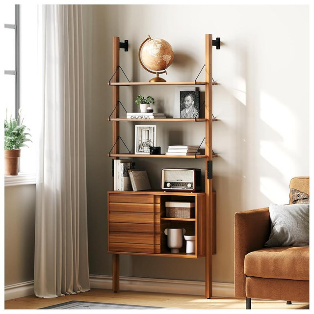 JOINICE,Ladder Bookshelf with Storage Cabinet,Mid Century Modern Bookshelf,Wall Mounted Bookshelf with Wood and Metal Frame,6 Tier Open Display Rack for Living Room,Bedroom,Home Office,Cherry