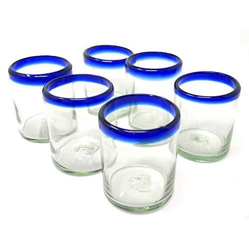Hand Blown Mexican Drinking Glasses – Set of 6 Tumbler Glasses with Cobalt Blue Rims (10 oz each)