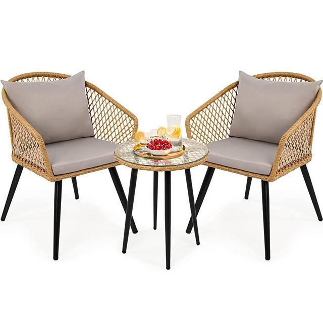 YITAHOME 3-Piece Outdoor Patio Furniture Wicker Bistro Set, All-Weather Rattan Conversation Chairs for Backyard, Balcony and Deck with Soft Gray Cushions, Glass Side Table Light-Yellow