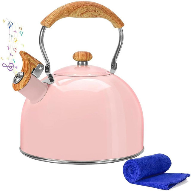 Foedo Tea Kettle,Whistling Tea Kettle Stovetop 2.6 Quart, Tea Pots for Stove Top Food Grade Stainless Steel,Wood Pattern Handle(Pink),With Anti Scald Towel