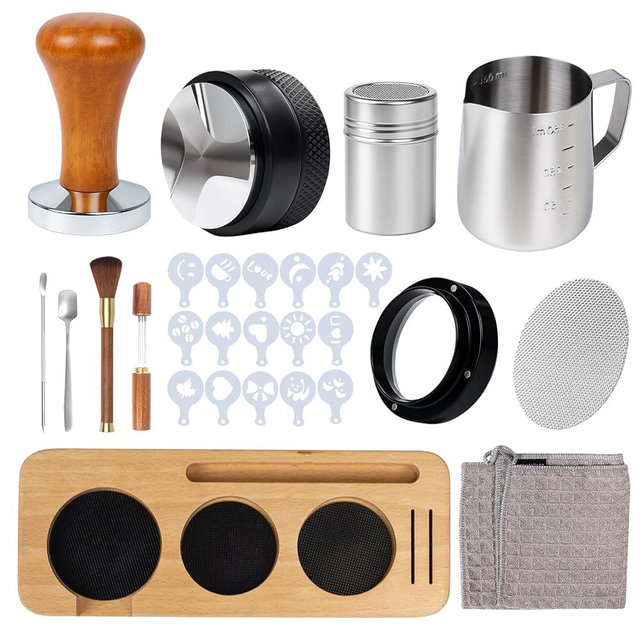 28PCS Espresso Accessories Kit,51mm Espresso Tamper Tools,Includes Wood Station,Distributor,Stirrer,Dosing Funnel,Brush,Puck Screen,Frothing Pitcher,Latte Pen,Powder Ring,Towel,Decorative Stencils