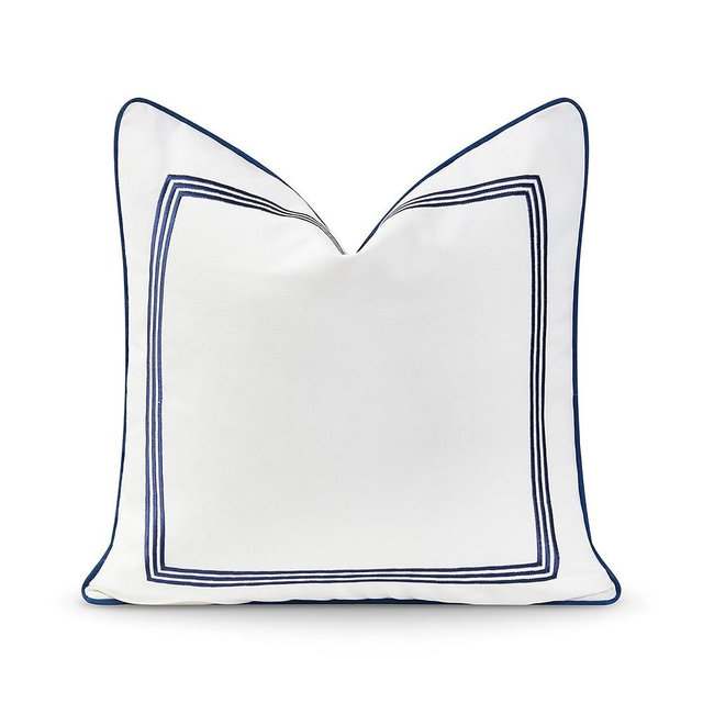 Hofdeco Premium Coastal Hampton Style Patio Indoor Outdoor Pillow Cover Only, 20"x20" Water Resistant for Backyard, Couch, Navy Blue Embroidered Square Line