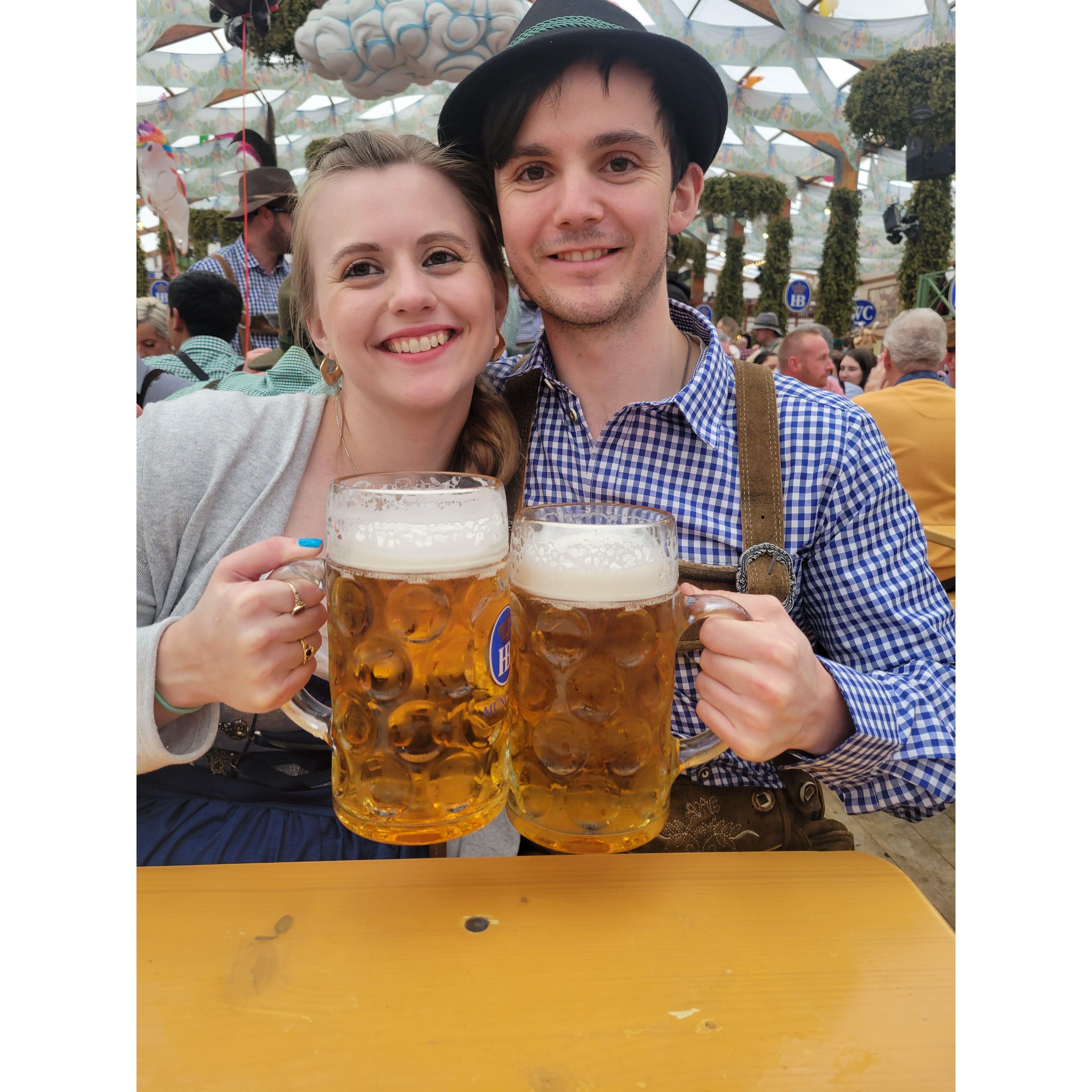 Us sharing a beer in Oktoberfest in Munich, Germany