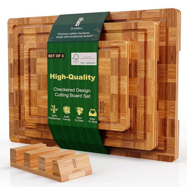 3-Pack Heavy Duty Bamboo Cutting Boards Set with Juice Grooves & Non-Slip Feet – Extra Large Thick Wood Chopping Board for Meat, Vegetables, Fruits & More, Non-Toxic & Durable, Ideal Housewarming Gift