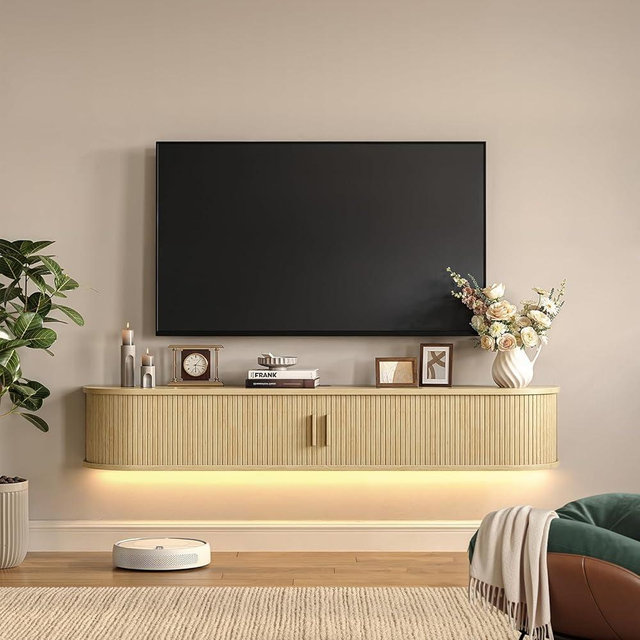 ONBRILL 63" Floating TV Stand with Power Outlet for TVs up to 75", Fluted Entertainment Center with Remote Control for LED Lights, Mid-Century Modern TV Console w/Sliding Door for Living Room, Oak