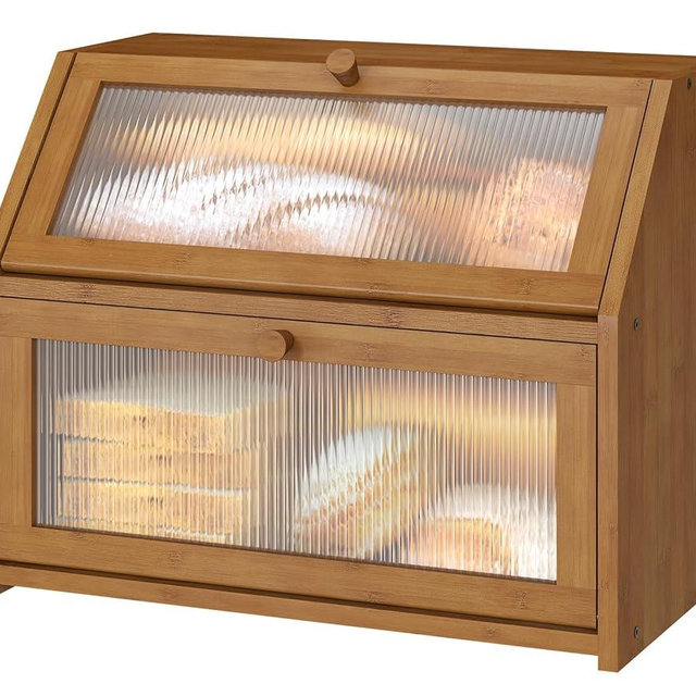 Vriccc Bread Box for Kitchen Counter, Large Bamboo Wood Double Layer Bread Box, Wooden Bread Storage Capacity