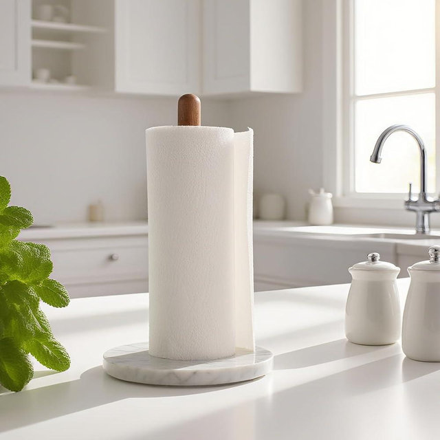 Acacia Wood & Marble Paper Towel Holder – Freestanding Paper Towel Holder for Countertop, Weighted for One-Handed Use, for Kitchen, Bathroom, Office