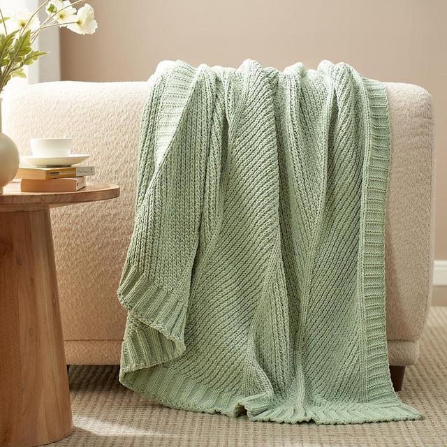 Amélie Home Cable Knit Throw Blanket, Chenille Knitted Chunky Throw Non-Shedding Chevron Texture, Decorative Farmhouse Cozy Blanket for Home Couch Sofa Chair Bed, Sage Green, 50"x 60"