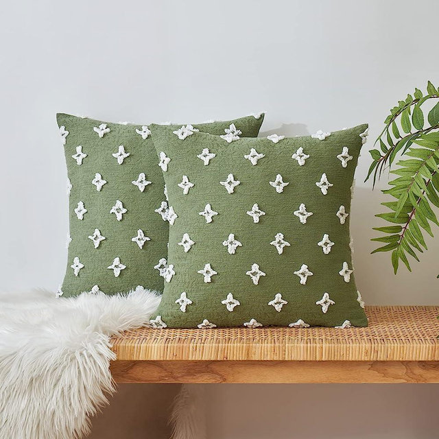 EMEMA Decorative Throw Pillow Covers Rhombic Jacquard Pillowcase Cushion Case Square for Couch Sofa Bed Living Room Bedroom Set of 2, 18x18 Inch, Sage Green