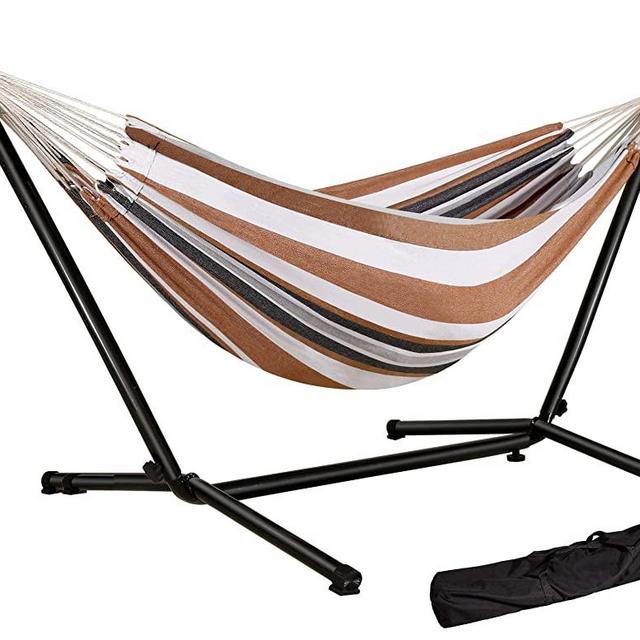 ARGCONNER Hammock with Stand,Portable Double Hammock for Patio,Indoor Outdoor Hammock Stand 2 Person Heavy Duty,450lb Capacity,Carrying Case Included (Coffee Stripes)