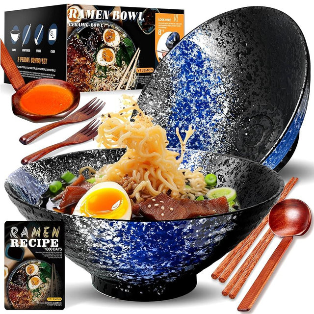 8-Inch Large Ceramic Ramen Bowl Set of 2 (9 Piece) - Microwave & Dishwasher Safe Porcelain Japanese Salad Noodles Cereal Fruit Pasta Soup Bowls with Recipes Chopsticks Forks Spoons for Men Women Gift