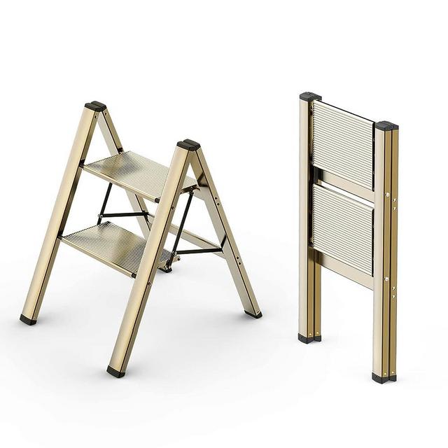 WOA WOA 2 Step Ladder, Lightweight Step Stool for Adult, Portable Folding Ladders with Anti-Slip Wide Pedal, Aluminum Closet Stepladder for Home Kitchen Office 300lbs - Gold