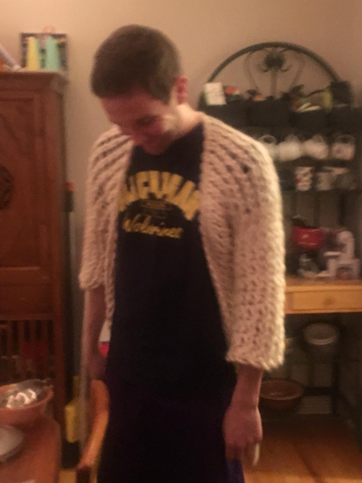 Trevor loves modeling stuff Brooke knits.