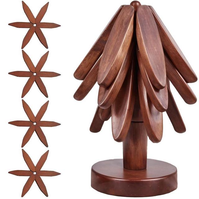 Wooden Tree Trivets Set - 4 Wood Trivet Coasters for Hot Dishes Pots & Pans - Decorative Wood Table Coaster Mat for Kitchen - Artistic Leaves Design Pot Pads with Christmas Tree Shape Stand Holder