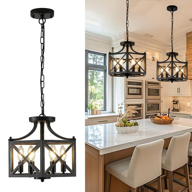 ZSDHXi 6-Light Pendant Lights Kitchen Island, Modern Black Pendant Light Fixture with Hexagonal Metal Cage, Adjustable Geometric Hanging Light for Entryway Foyer Dining Room