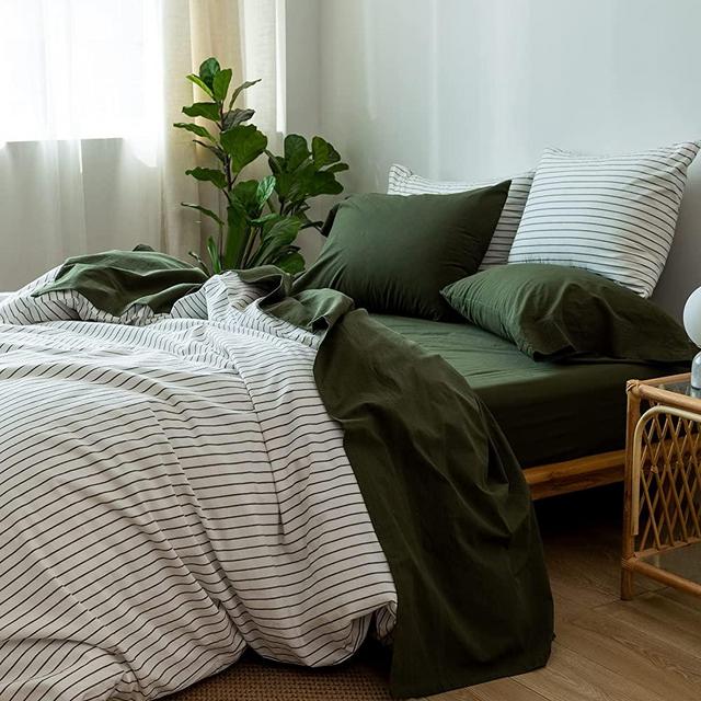 MooMee Bedding Sheet Set 100% Washed Cotton Linen Like Textured Breathable Durable Soft Comfy (Olive Green, Queen)