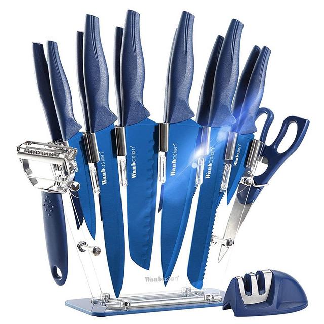 Wanbasion 13 Pieces Kitchen Knife Set Dishwasher Safe, Professional Chef Kitchen Knife Set, Kitchen Knife Set Stainless Steel with Knife Sharpener Peeler Scissors Acrylic Block