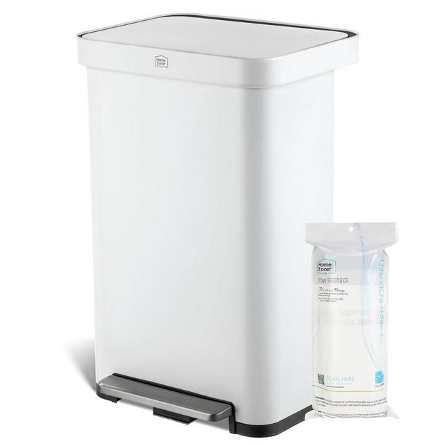 Home Zone Living 18.5 Gallon Large Stainless Steel Trash Can with Slow Closing Lid and Wide Opening, Virtuoso Collection, White