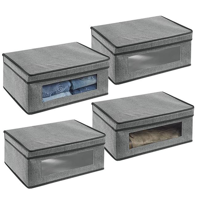 mDesign Soft Fabric Stackable Closet Storage Organizer Box with Clear Window and Attached Hinged Lid for Bedroom, Hallway, Entryway, Closets, 4 Pack - Charcoal Gray/Black