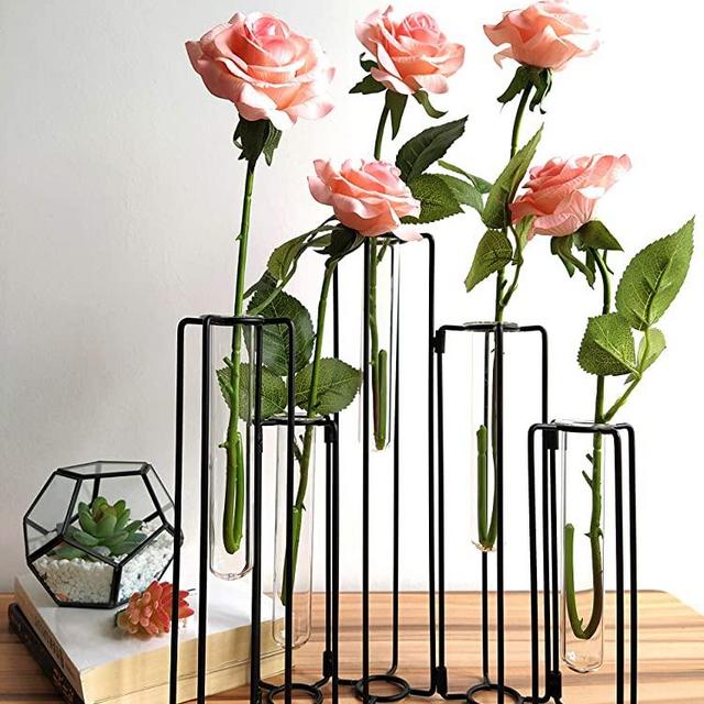 HelloHome Hinged Flower Vases Test Tube Flower Vase with 5 Test Tubes Black Metal Frame can be Bent and Contorted, Propagation Station Plant Holder Tubos De Ensayo for Home Wedding Decor, Balcony