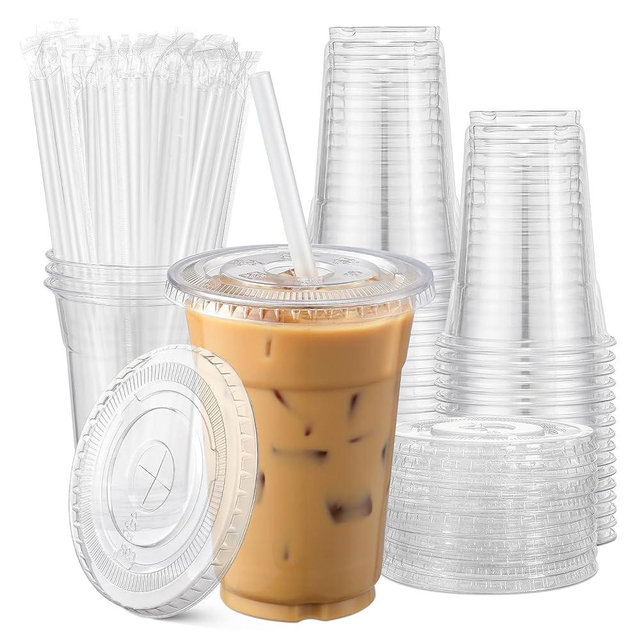 AOZITA [100 Sets] 20 oz Clear Plastic Cups With Lids and Straws, Disposable Cups With Lids for Iced Coffee, Smoothie, Milkshake and Cold Drinks