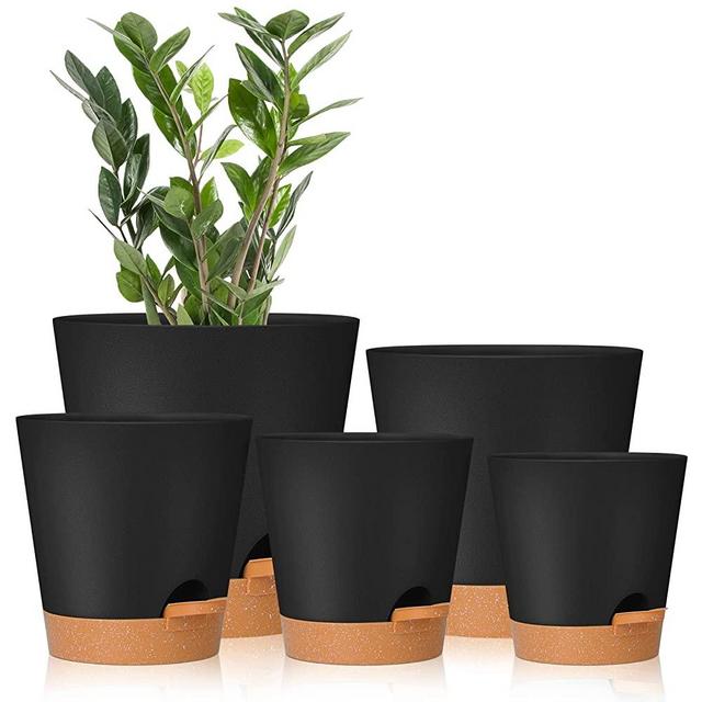 Plant Pots 7/6.5/6/5.5/5 Inch GARDIFE Self Watering Planters with Drainage Hole, Plastic Flower Pots, Nursery Planting Pot for Indoor Plants, Succulents,Snake Plant, African Violet, and Cactus,Black